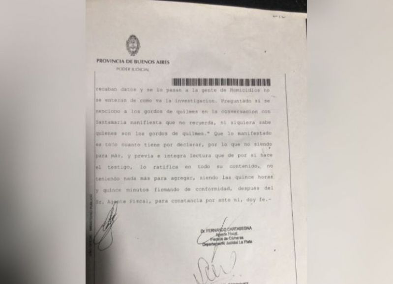 Declaración tomada por Cartasegna, donde se nombran a los verdaderos autores del hecho.