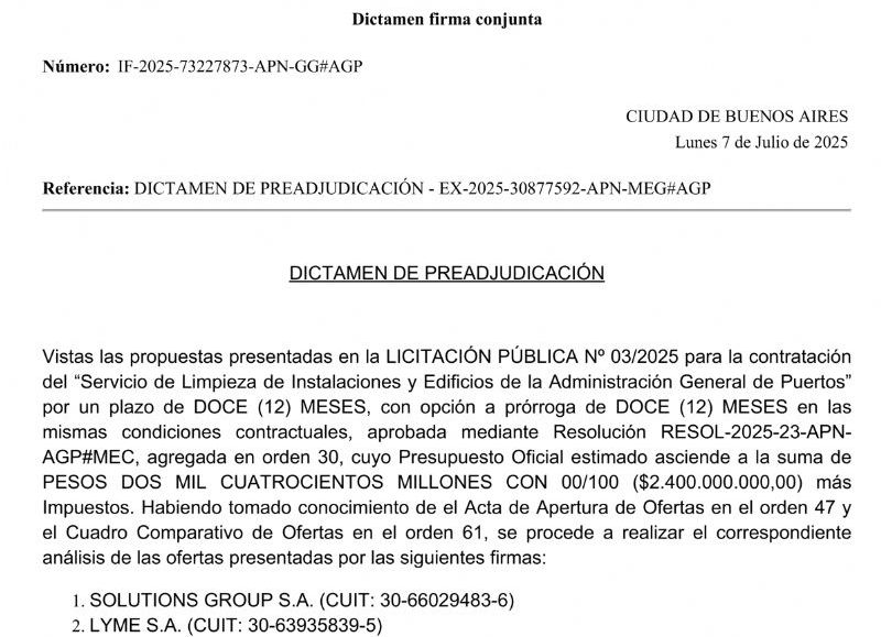 El dictamen que aprobó la Administración General de Puertos (AGP).
