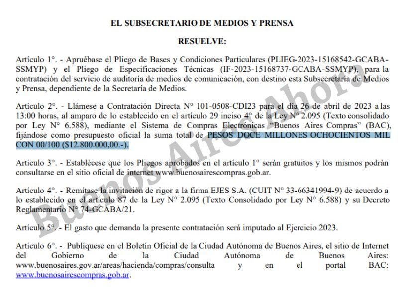 La otra firma beneficiada es Ejes S.A., a quien pagarán más de 12 millones por un clipping de medios.